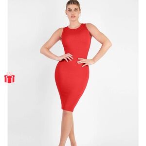 Popilush Workwear Built-In Shapewear Sleeveless Midi Dress - Red